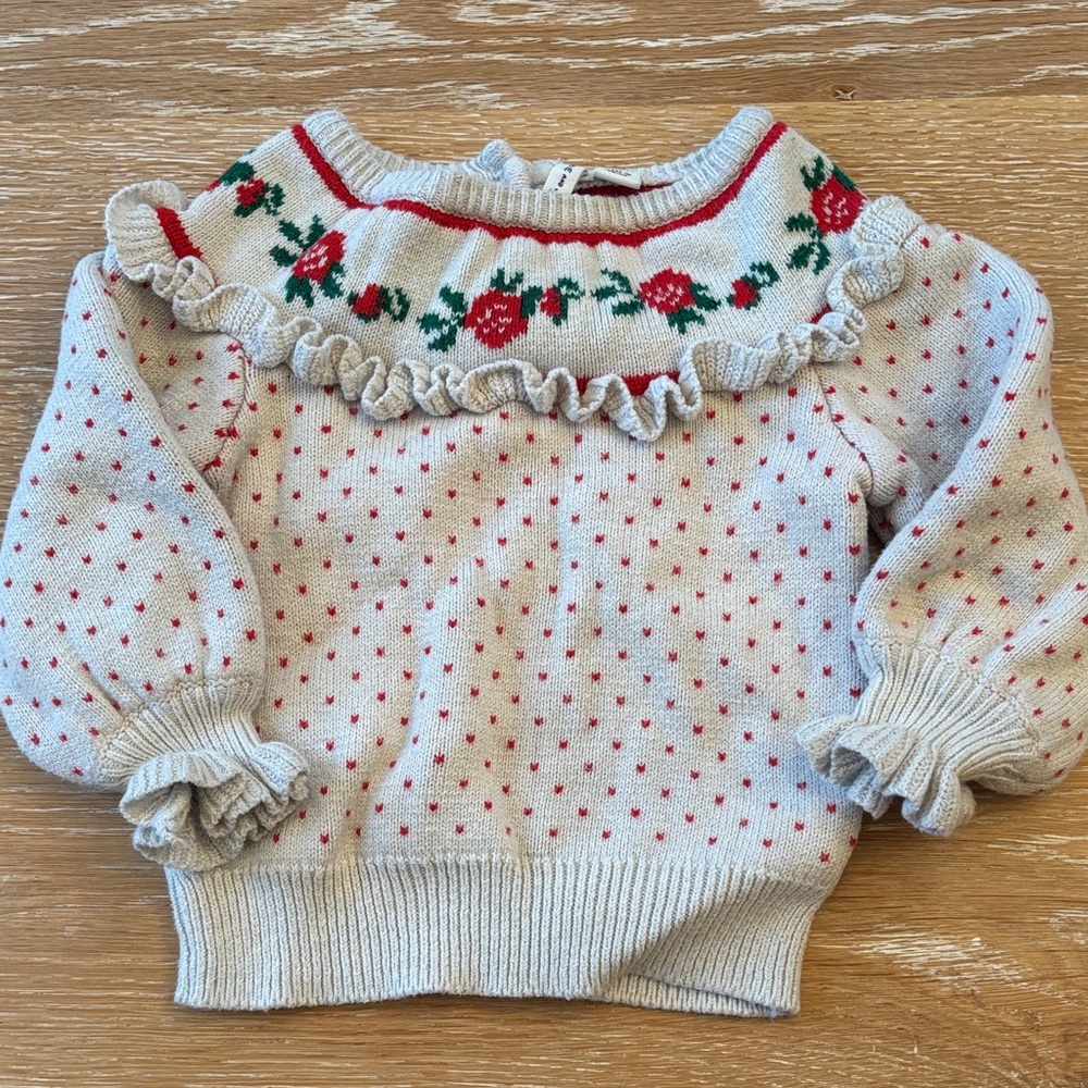Janie and Jack Cream and Red Floral Knit Sweater